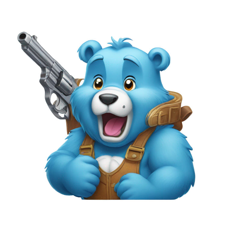 genmoji : Ours en peluche tenant un pistolet dans sa bouche ouverte