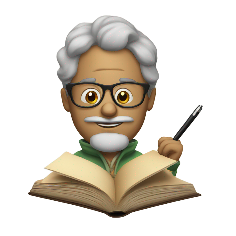 絵文字：物語の賢者、書物と眼鏡とペンを持って