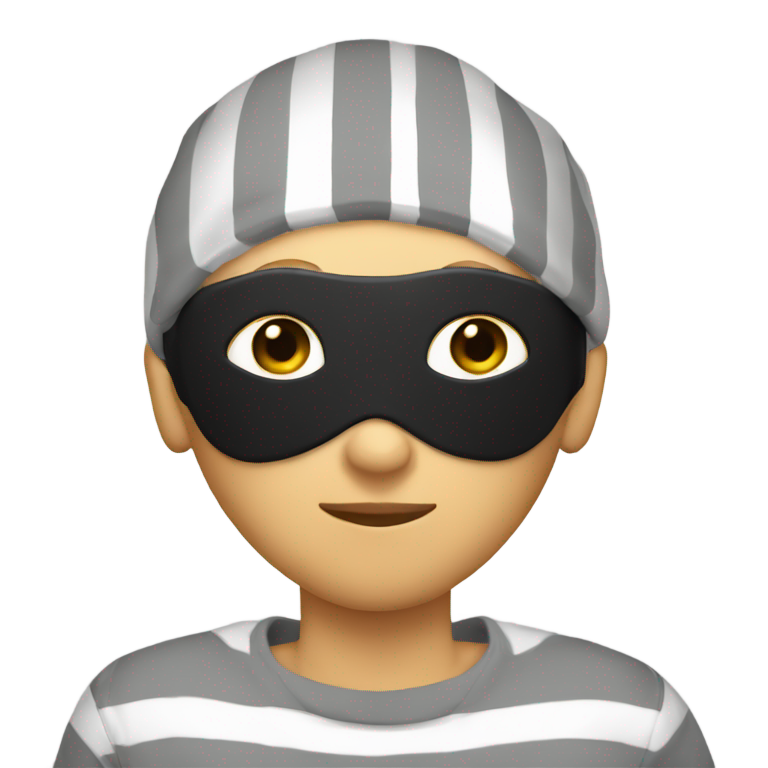 genmoji : Un voleur en combinaison rayée grise et blanche, avec un masque noir sur les yeux et un bonnet noir.