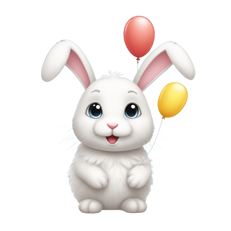 genmoji：软绒绒的白色兔子，长耳朵，圆脸，小鼻子，明亮的大眼睛。捧着气球。