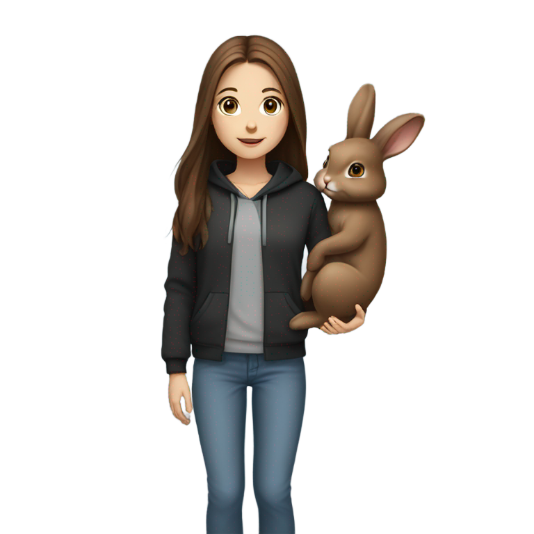 genmoji：一个女孩站立，穿着灰色裤子和黑色连帽衫。她有长长的棕色头发和蓝色眼睛，抱着一个棕色兔子。她的脚边有一只灰色兔子在抬头看她。