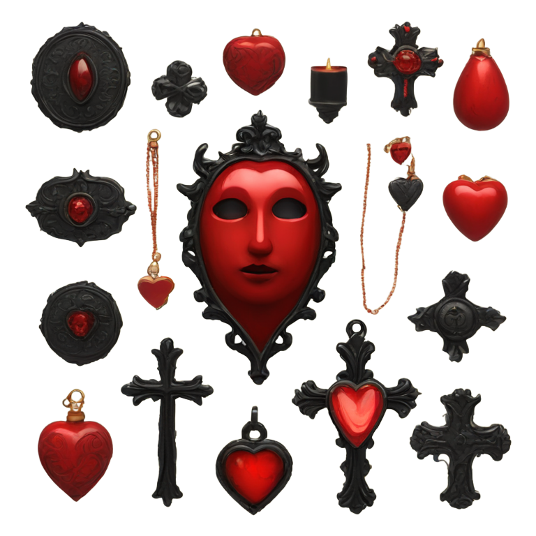 genmoji : Bric-à-brac gothique vintage rouge et noir, cœur sacré, iconographie religieuse