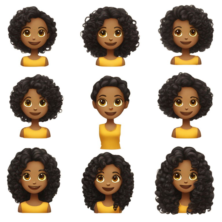 genmoji : Créez une fille aux cheveux courts, noirs et bouclés, à la peau claire, avec des yeux marron et un sourire heureux, portant des vêtements jaunes.