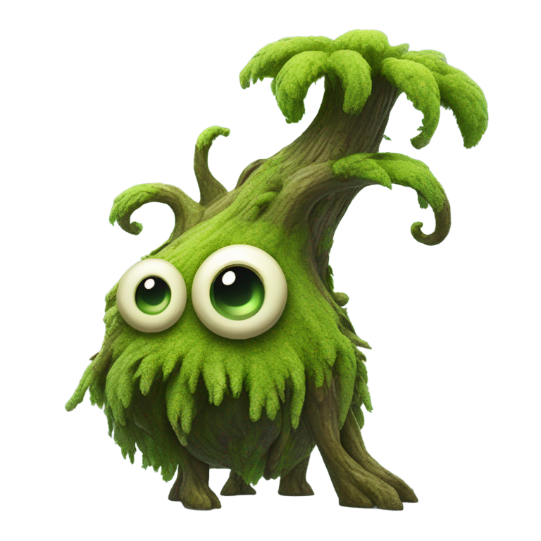 genmoji: Forest creature with mossy body, giant root feet, long nose, whimsical face, 3D cartoon style, fantasy, vibrant, surreal, detailed.