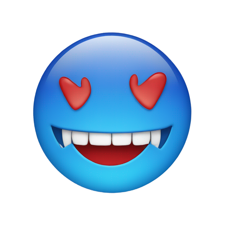genmoji：半脸蓝半脸红的笑脸表情，蓝侧牙齿一半红，红侧牙齿一半蓝。
