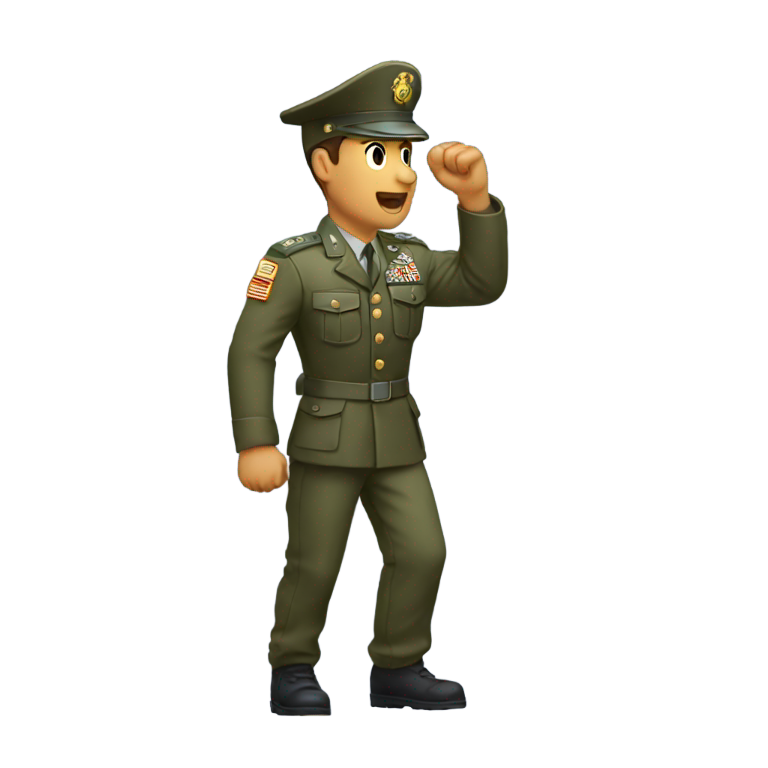 絵文字：軍服を着た男性が右拳を上げ、まっすぐな腕で行進しながら叫んでいる横顔。