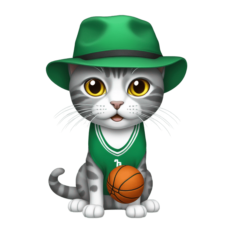 genmoji : Gray shorthair cat with celtics basketball hat