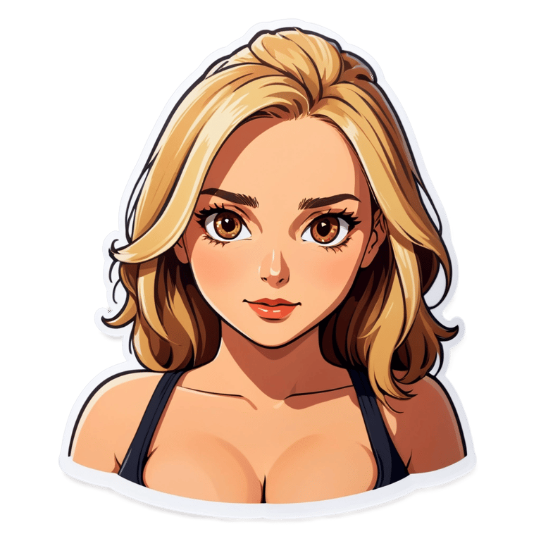 genmoji: Blonde haired hazel eyes woman with top on big boobs