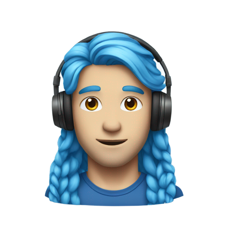 genmoji: a handsome celebrity man wearing headphones, has long blue hair, and wearing a blue outfit