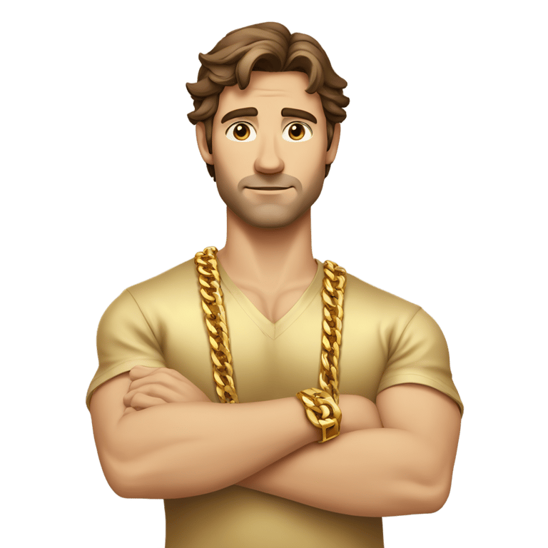 genmoji：棕发强壮白人男性，无胡须，金色衬衫，多条金链，金腕带，交叉双臂