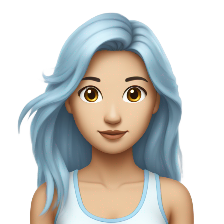 genmoji : Une jeune femme taïwanaise pleine de vie, mince, avec une peau très bronzée et de longs cheveux épais et blancs comme neige, portant un mini haut sans manches très clair.