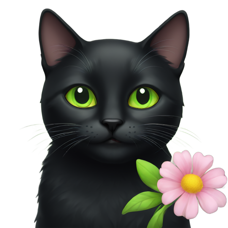 genmoji: black cat with green eyes eating flower
