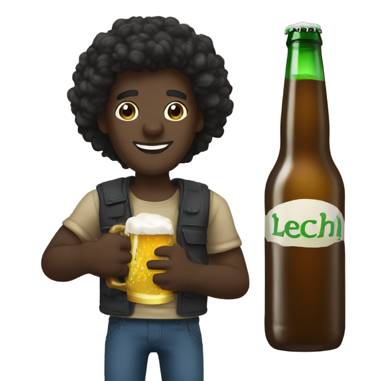 genmoji: Darkskin man with locks holding beer bottle with text on it saying „Lech”