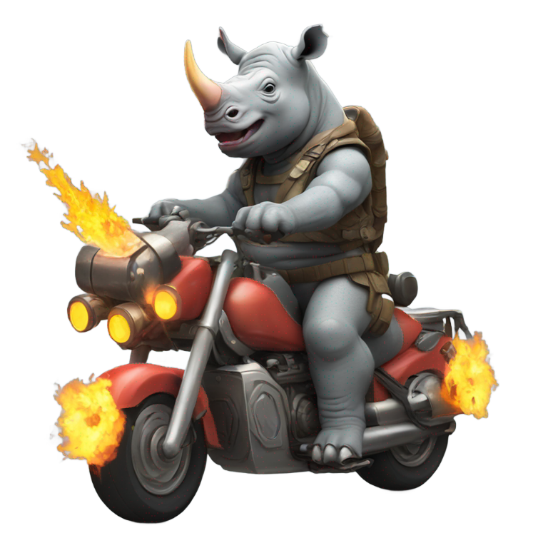 絵文字：サイがバイクに乗って火炎放射器を使う