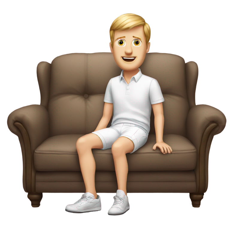 絵文字：ケン・ジェニングスが白いショートパンツをはいてソファに座っている