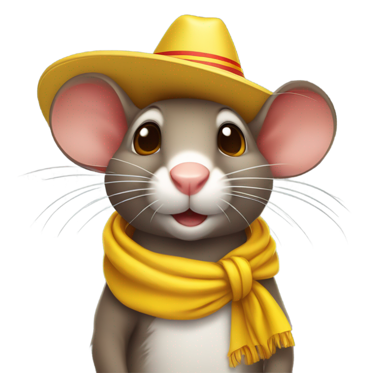 genmoji: A brown rat wearing a yellow sombrero and a white T-shirt, with a red scarf tied like a ribbon around its neck. It’s the Apple emoji version of Looney Tunes’ Speedy Gonzales.