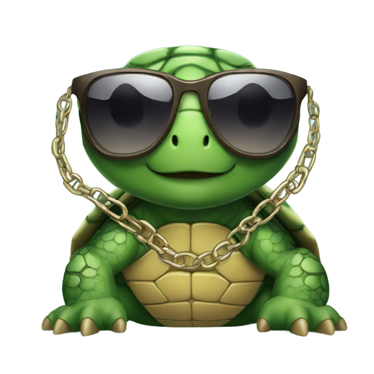 genmoji : Une tortue avec des lunettes de soleil, des tatouages et des chaînes
