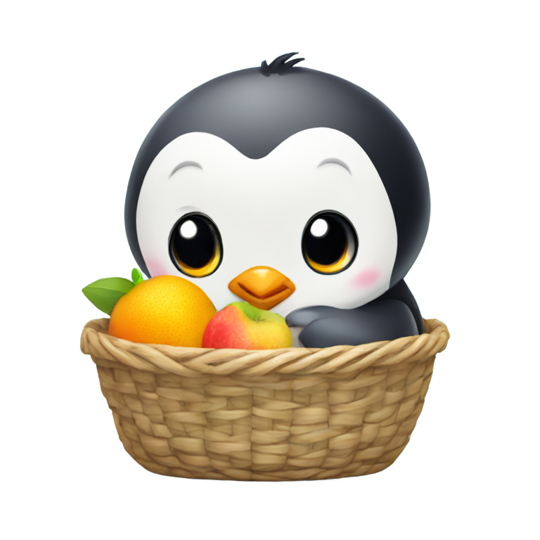 genmoji : Bébé pingouin avec panier de fruits