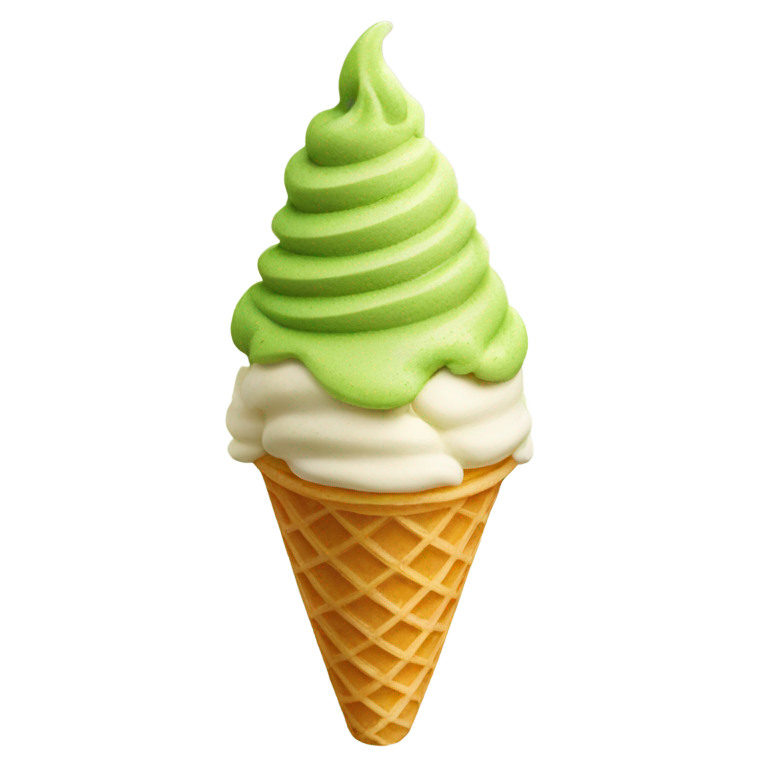 genmoji：a vanilla soft server ice cream in a waffle cone with matcha powder sprinkled on top