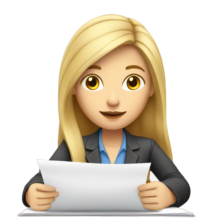 genmoji: female journalist with long blond hair with pen and paper writing a news story