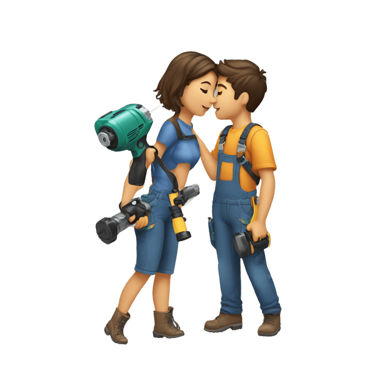 genmoji：girl and a handman with a power drill kissing