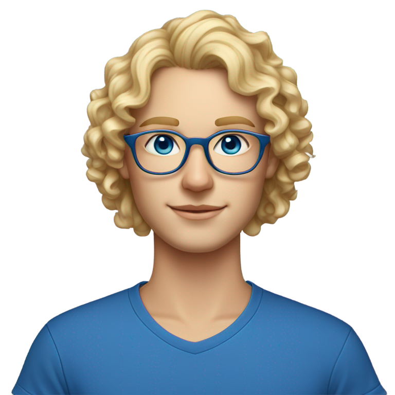 genmoji：金色短卷发，前部自然高光，蓝眼睛，鼻梁和眼下有雀斑。穿T恤和短裤，戴眼镜和蓝色Apple Watch。