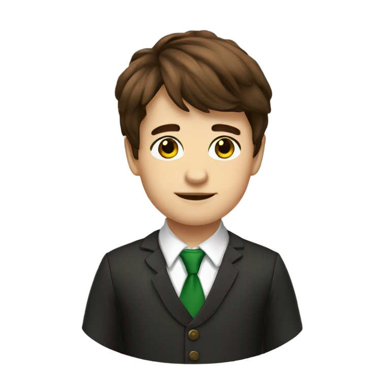 genmoji : Créez un garçon avec des mèches brunes en rideau, des yeux marron, une chemise blanche, un pull à col V noir, une cravate verte et un grand nez.