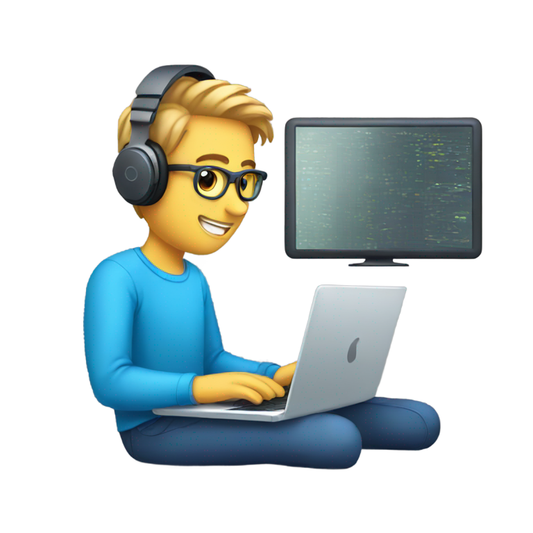 genmoji: A guy with headphones working on laptop showing AI
