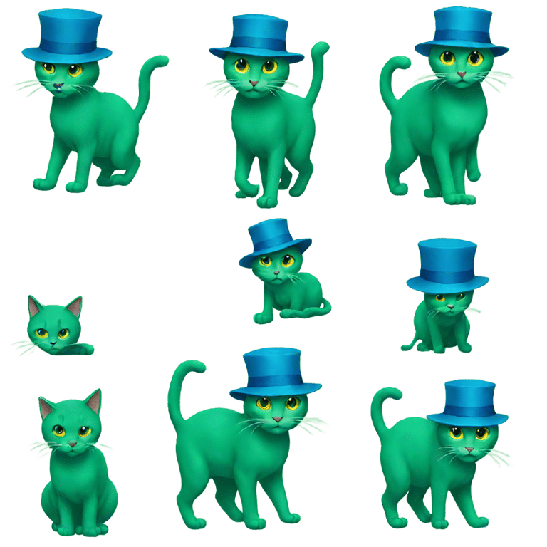 genmoji：绿猫戴着帽子走进一栋蓝绿交替的面板房子