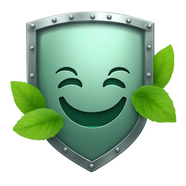 絵文字：a metal shield with mint leaves behind it with a smiley face