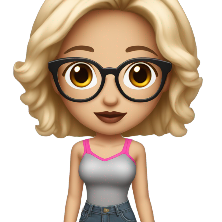 genmoji : Mignonne fille chinoise à la peau mate, portant des lunettes, des cils, du gloss à lèvres, des mèches blondes et brunes sur cheveux noirs, un haut tube rouge foncé et rose clair, et un jeans évasé taille basse.