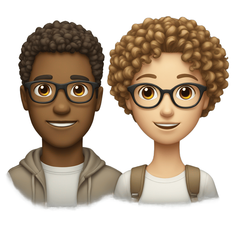 genmoji：A curly-haired young man and a Caucasian girl with brown glasses