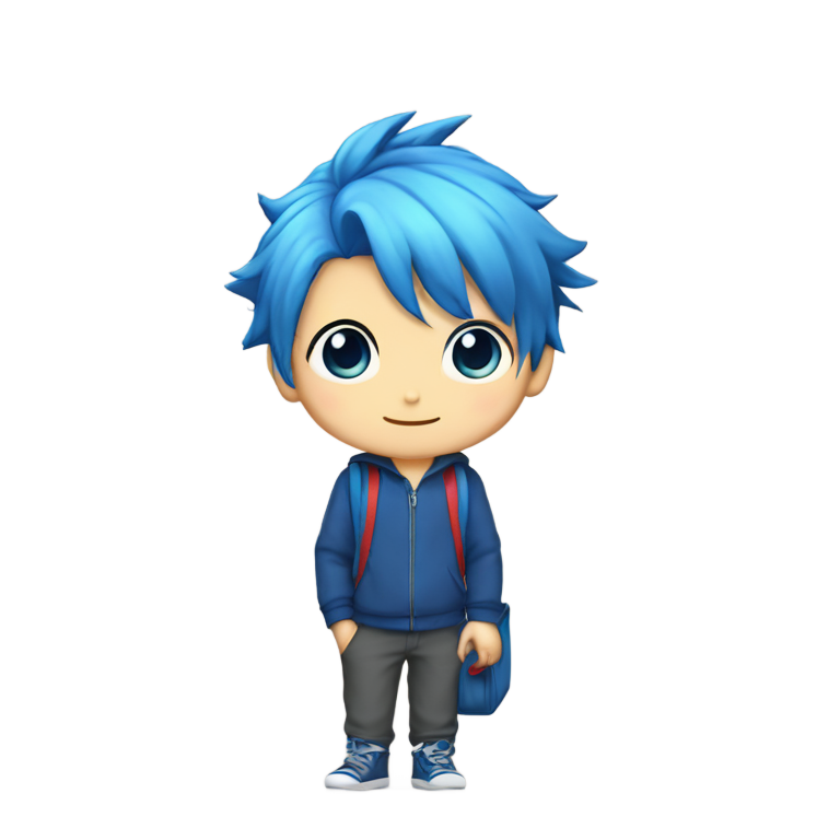 genmoji: Boy with blue hair red eyes carries a blue bag he hairstyle is number 2 (EIKICHI ASAKURA)