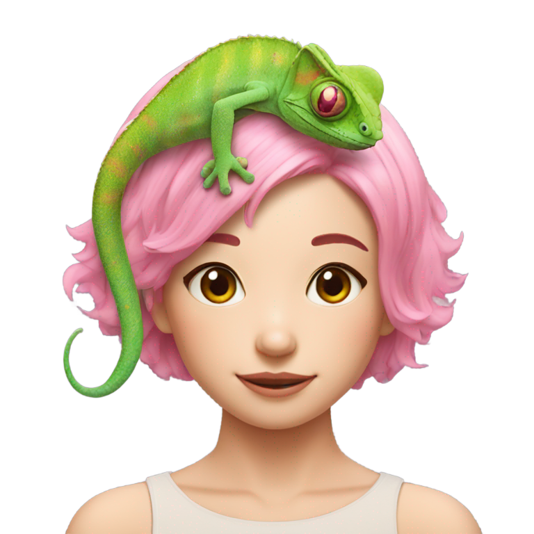 genmoji : Caméléon sur la tête d'une fille aux cheveux roses courts