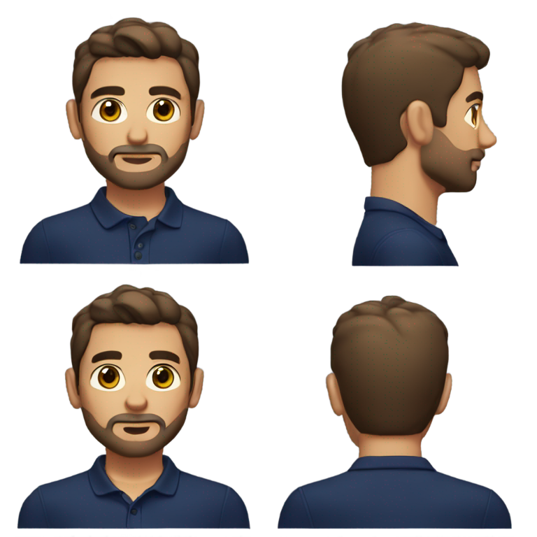 genmoji：Man with short beard and mustage. Light brownish skin. With taper fade dark brown hair. brown eyes and only upper body. Wearing a navy poloshirt