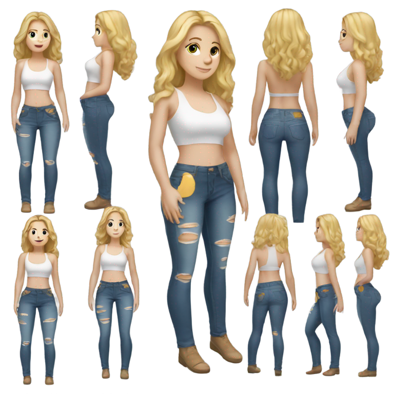 genmoji : Une fille blanche aux cheveux blonds et aux cuisses épaisses, en jeans.