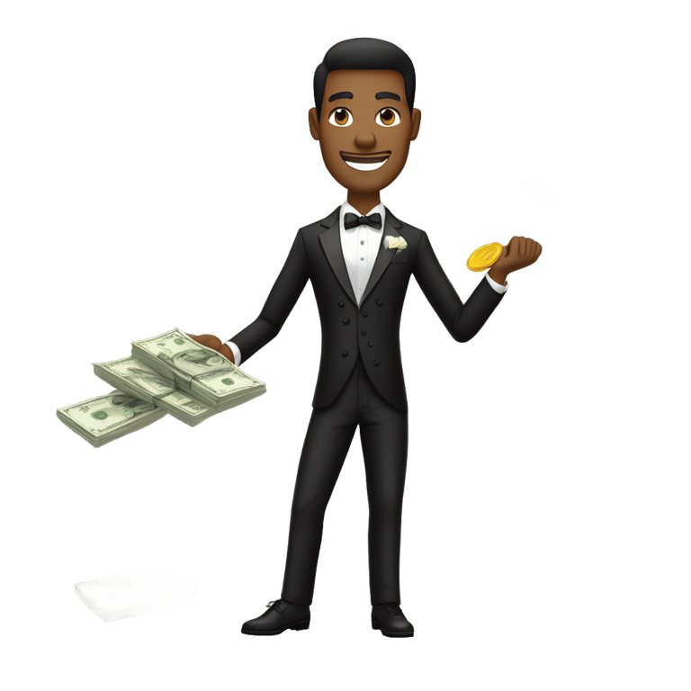 genmoji : Image d'un homme confiant en smoking noir élégant avec une chemise blanche impeccable. Le smoking est parfaitement ajusté, affichant un look sophistiqué. Il porte des lunettes de soleil noires stylées, dégageant une vibe cool et tendance. Dans une main, il tient...