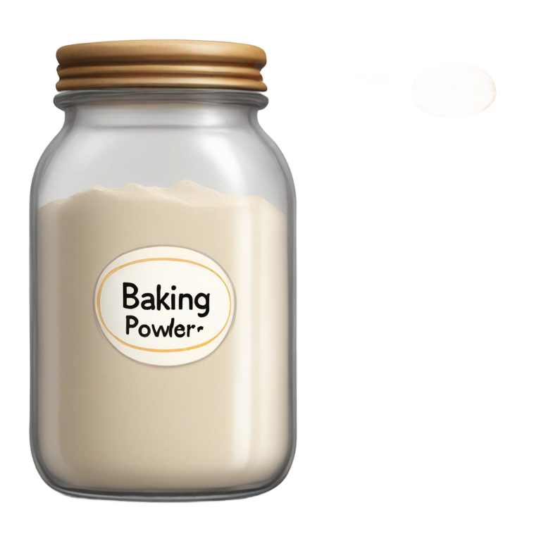genmoji: baking powder in a small clear glass jar or a ceramic container with text "baking powder"