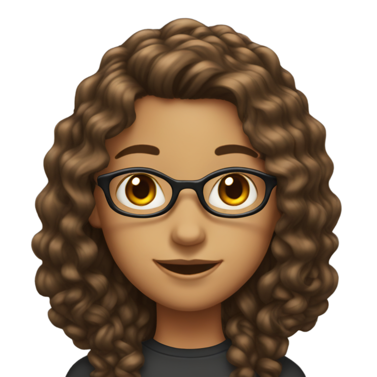 genmoji : girl long hair, straight curly, brunette/black coloured, nerd emoji with dimples and perfect teeth, light brown skin
