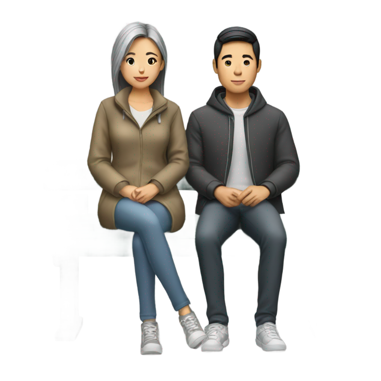 genmoji : Couple asiatique assis sur un banc en pierre dans le parc