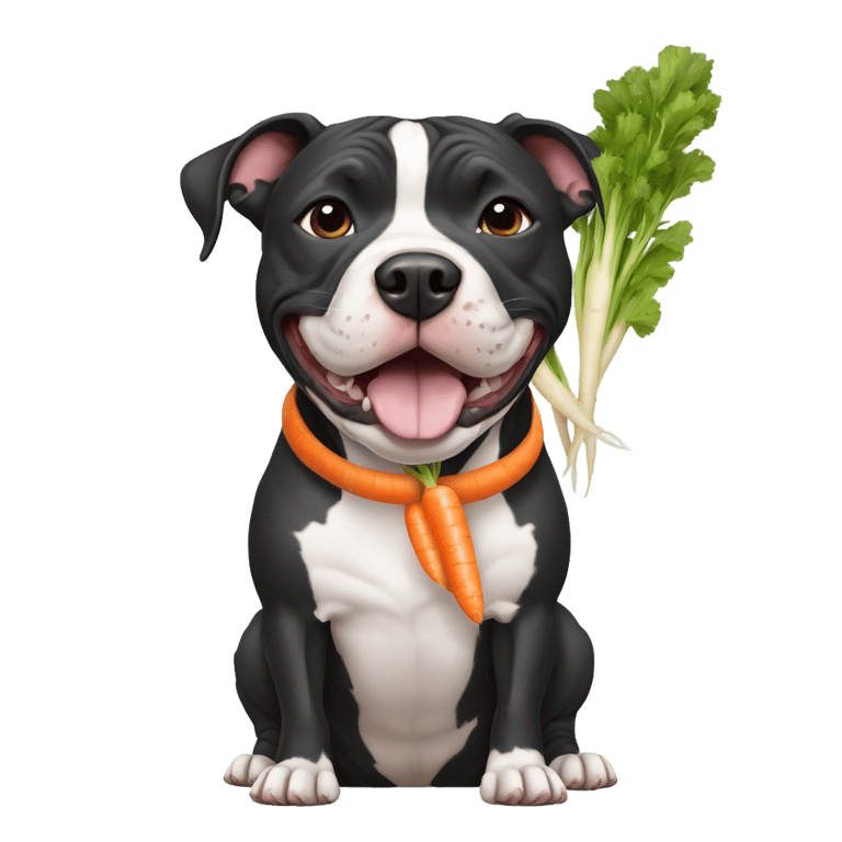 絵文字：Black American pit bull terrier holding a carrot