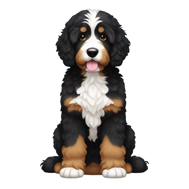 genmoji : Créez un emoji d'un bernedoodle assis, triste, avec beaucoup de poils noirs.