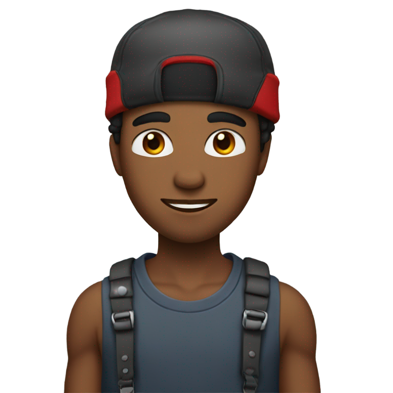genmoji : Garçon aux cheveux foncés mi-longs avec de nombreux piercings sur le visage et une casquette rouge.