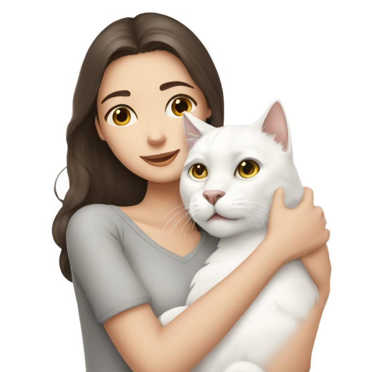 genmoji : brunette girl hugs her white canico cat with grey head