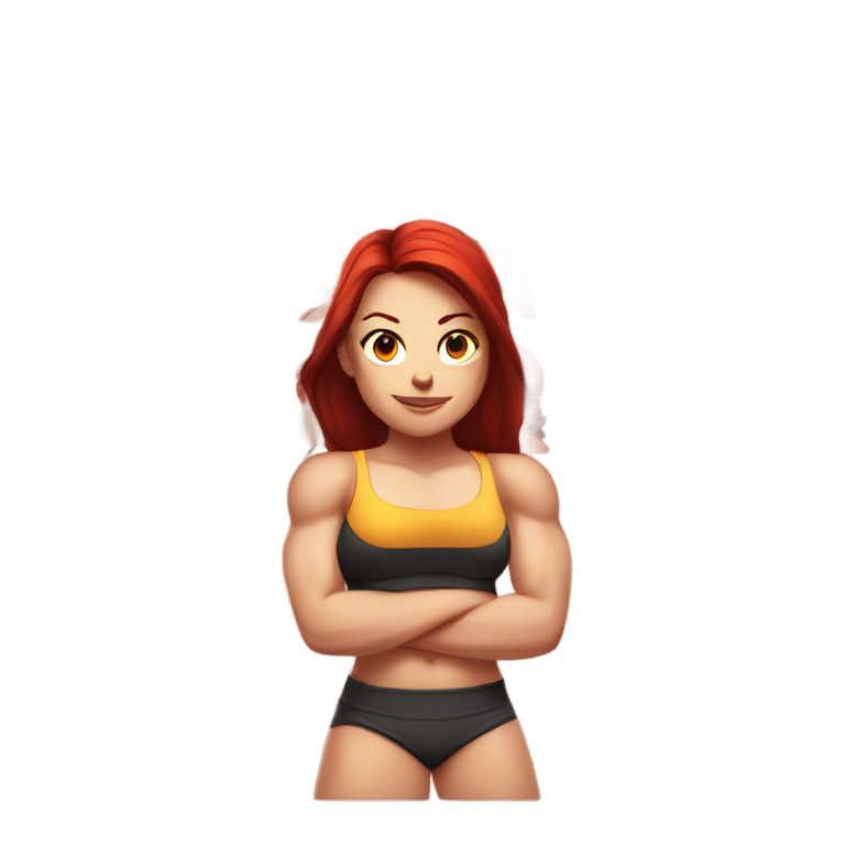genmoji: Super buff White girl with straight dark red hair showing HUGE muscles