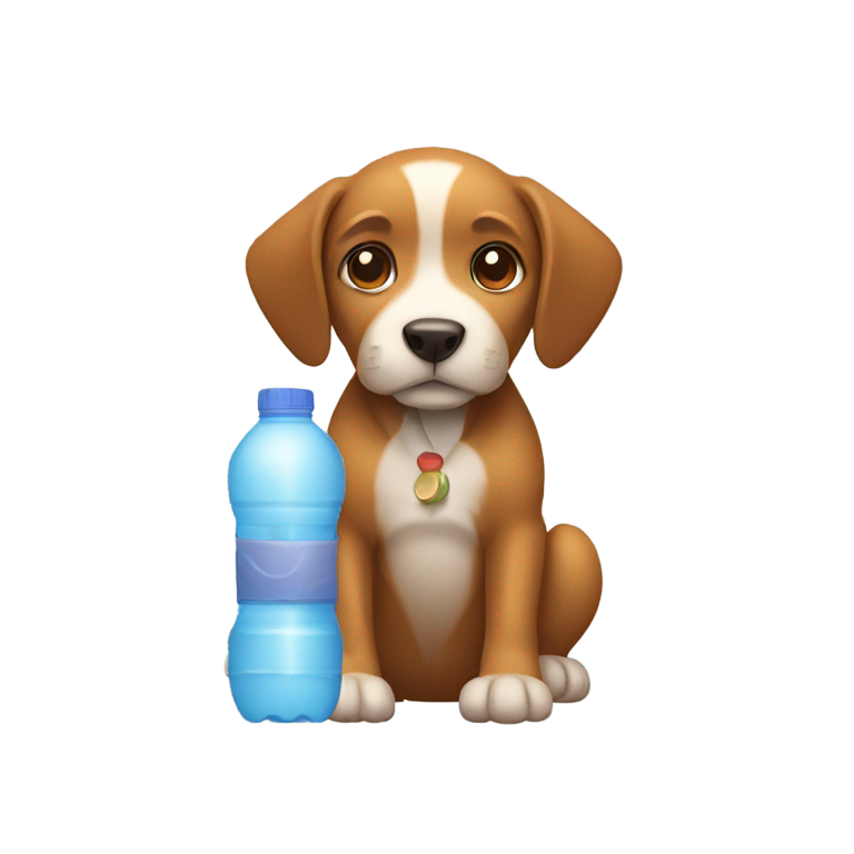 genmoji: dog holding a monkey which is carrying a water bottle filled with juice