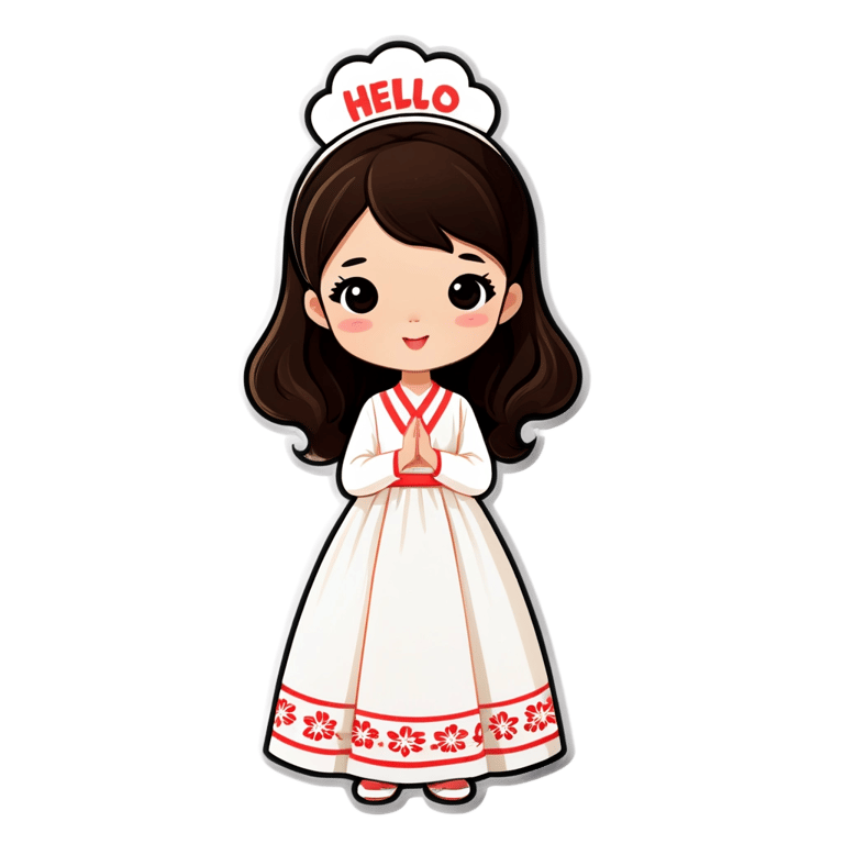 genmoji：一个可爱的韩国女孩穿着漂亮的长裙，说：“你好！！”