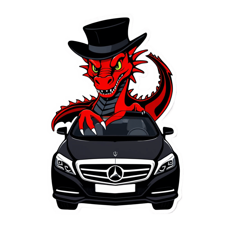 genmoji : Un dragon rouge avec un chapeau noir sur une voiture de luxe