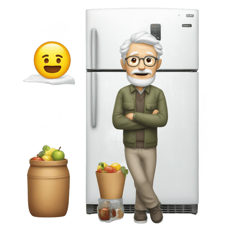 genmoji：老爷爷站在打开的冰箱旁