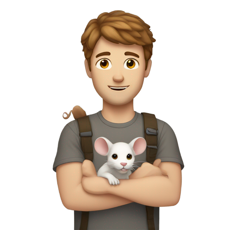 genmoji：White male with short brown hair, he has freckles and is holding up a rat in one hand
